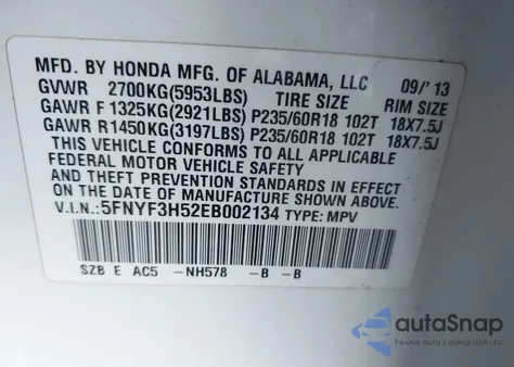 2014 Honda Pilot Ex-L z USA, uszkodzony, nr VIN 5FNYF3H52EB002134